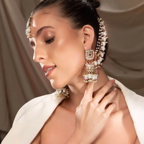 Gauhar Stone-Studded Earring & Mang Tika Set - White