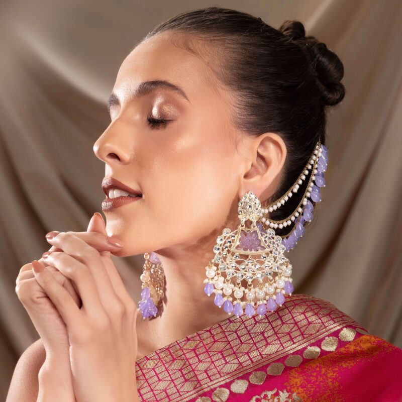 Chandrika drop earrings with hair chain - pastel purple