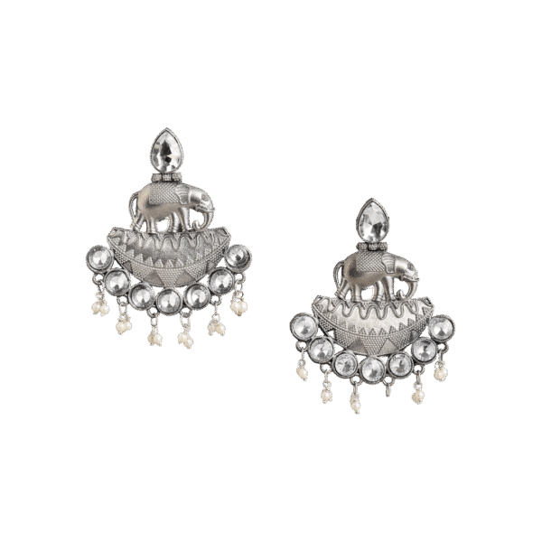 Kunjari Silver Oxidised Stone Studded Drop Earrings