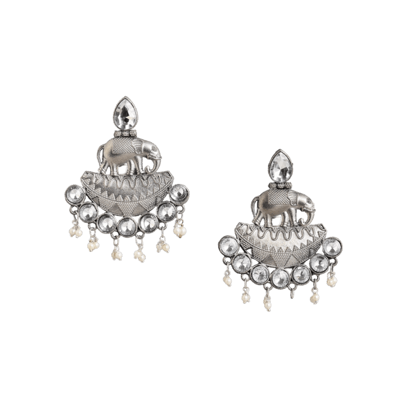 Kunjari Silver Oxidised Stone Studded Drop Earrings