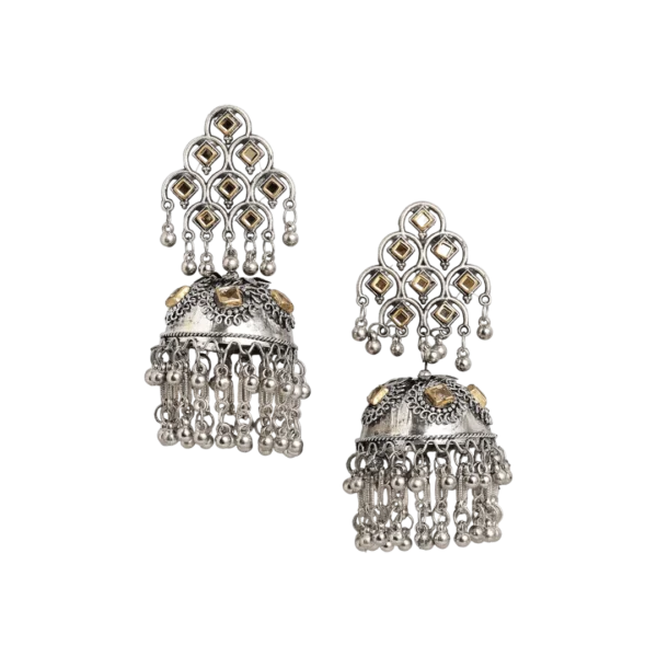 Kaumudi Silver Oxidised Stone Studded Jhumka Earrings