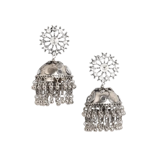 Kaumudi Silver Oxidised Stone Studded Jhumka Earrings