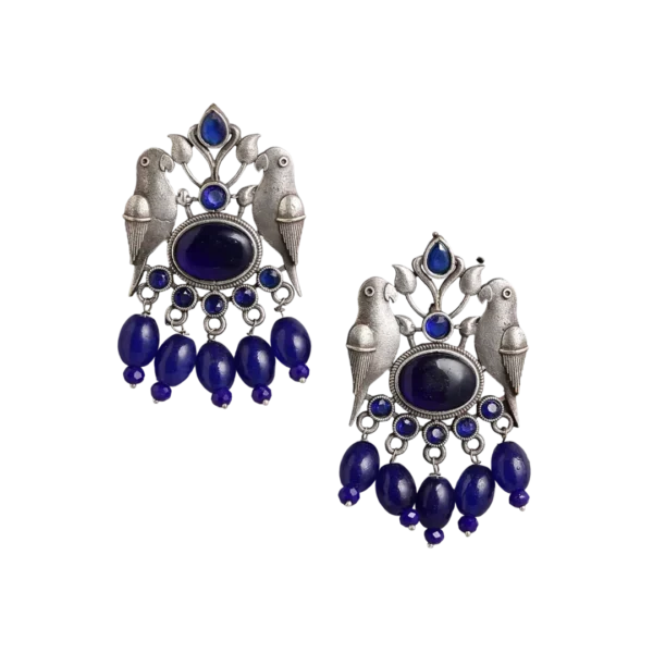 Totapari Silver Oxidised Drop Earrings - Navy Blue