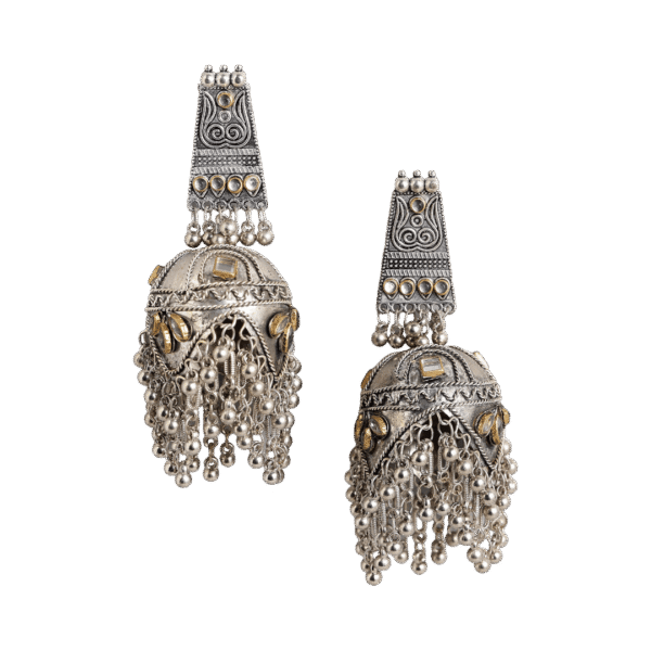 Kaumudi Silver Oxidised Stone Studded Jhumka Earrings