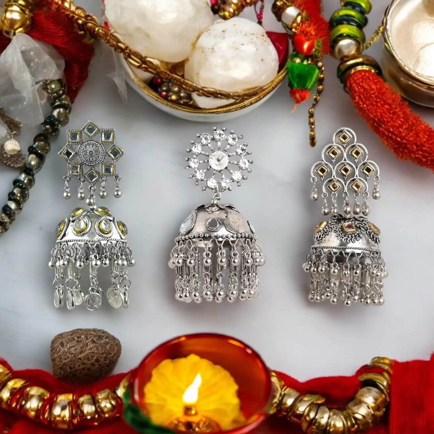 Festive Special: Kaumudi Silver Oxidised Stone Studded Jhumka Combo