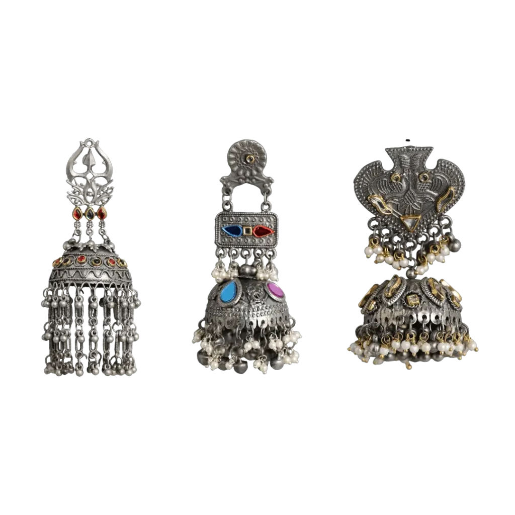 A vibrant display of various big jhumka earrings in different styles and materials.