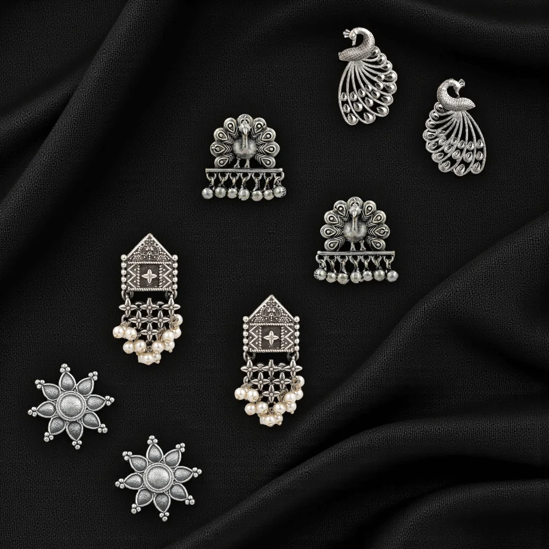 Timeless Silver Oxidised Earrings Set: Pack of 4