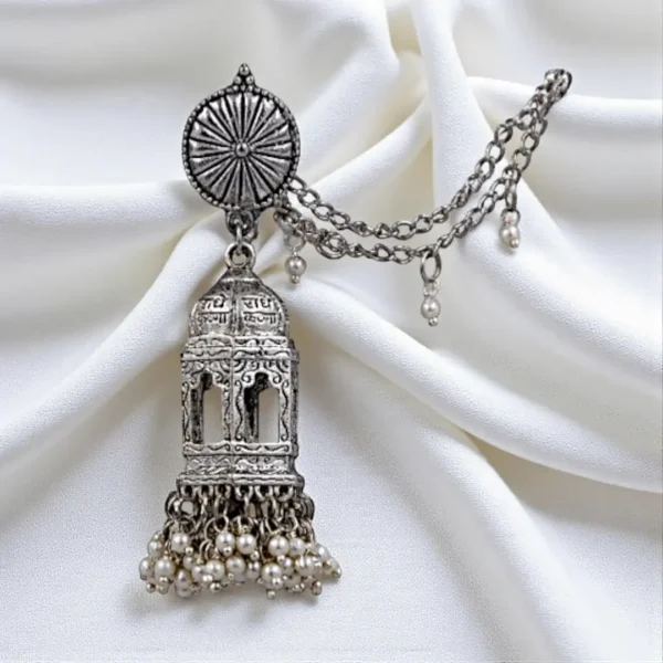Jharokha Silver Oxidised Earrings With Hair Chain