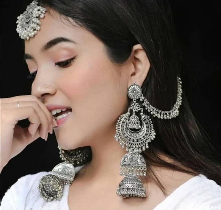 Jharokha Silver Oxidised Earrings with Hair Chain - Traditional Bridal Jewelry.