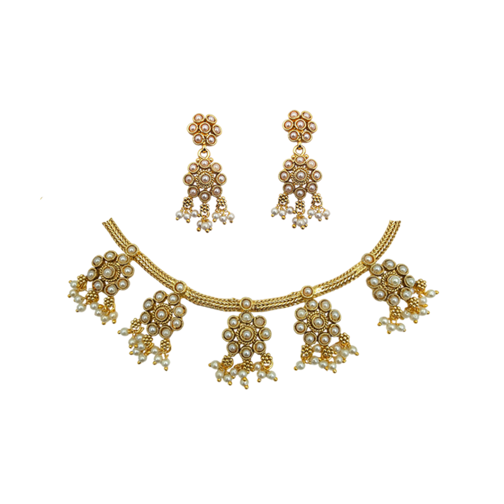 Devanshi Antique Gold Plated Choker Necklace Set with Pearl Drops and Earrings