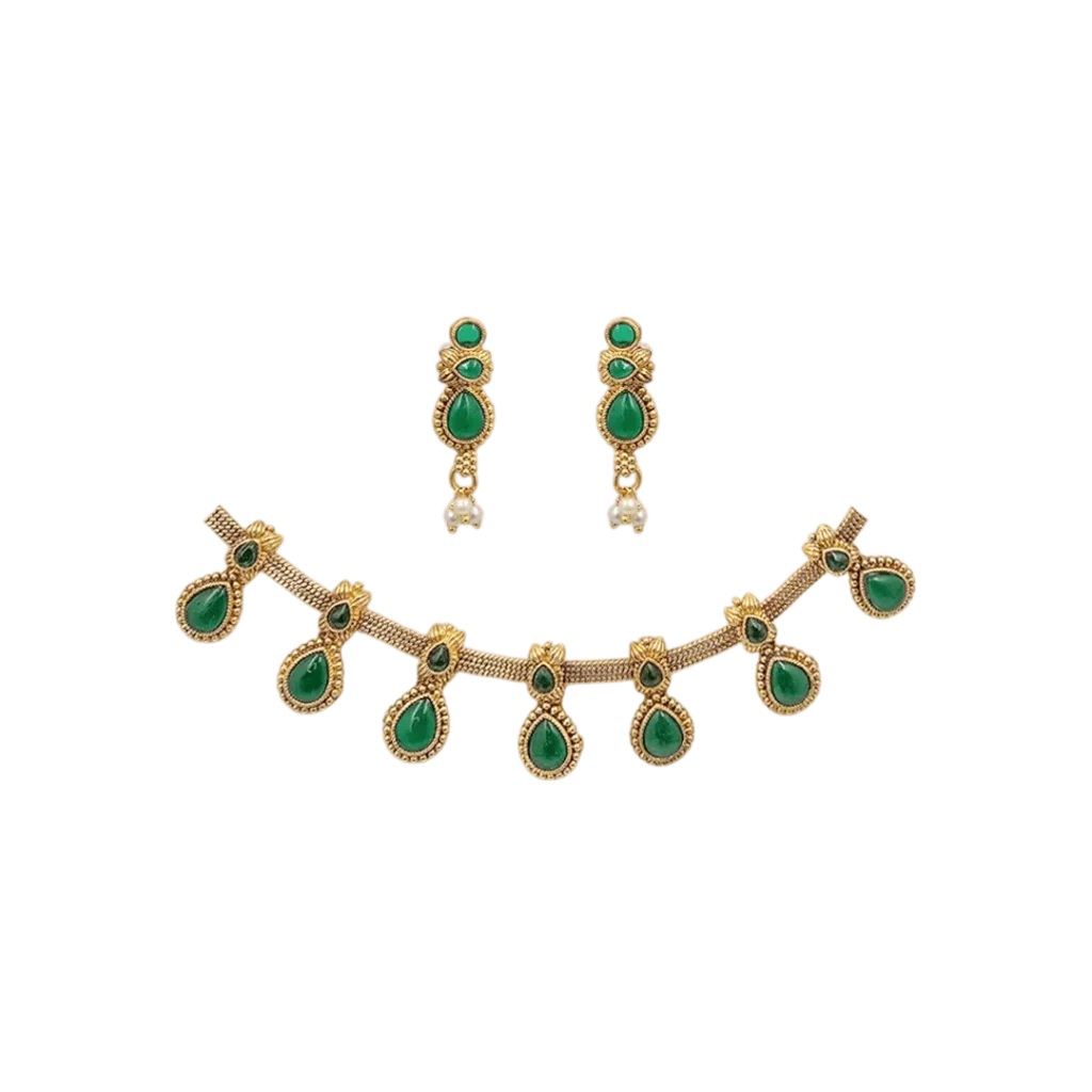 Ganga Dashara Kyon Manaya Jata Hai & Why South Indian Jewellery Sets Are Perfect for This Occasion 5 Iravati Emerald Green – Teardrop Choker Set with Earrings