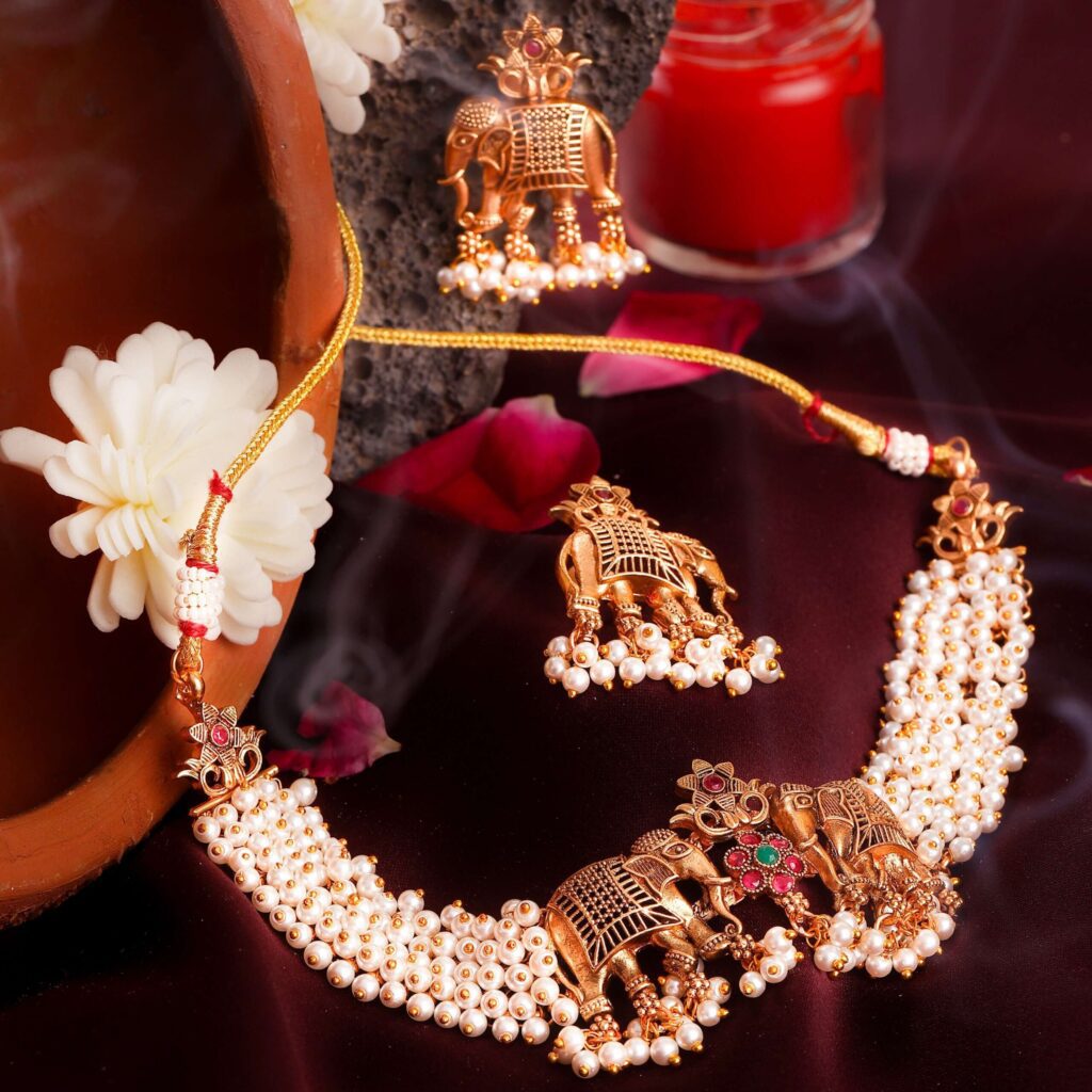 Ganga Dashara Kyon Manaya Jata Hai & Why South Indian Jewellery Sets Are Perfect for This Occasion 7 Kalyani Gold Plated Elephant Pearl Choker Set 1