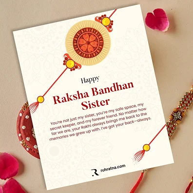 Happy Raksha Bandhan 2025: Beyond the Thread – Crafting Heartfelt Wishes & The Perfect Gift with Ruhratna 1 A beautifully tied Rakhi on a brother's wrist, with a sister gently smiling beside him, and a small, elegantly wrapped Ruhratna jewellery box with a Raksha Bandhan greeting card in the foreground, symbolizing gifts and heartfelt wishes for Rakhi Purnima 2025.