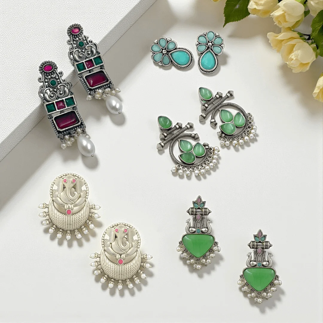 Prakriti, Palasa, Neelam, Upasana & Rangini Silver Oxidised Earrings Set: Timeless Heritage Collection