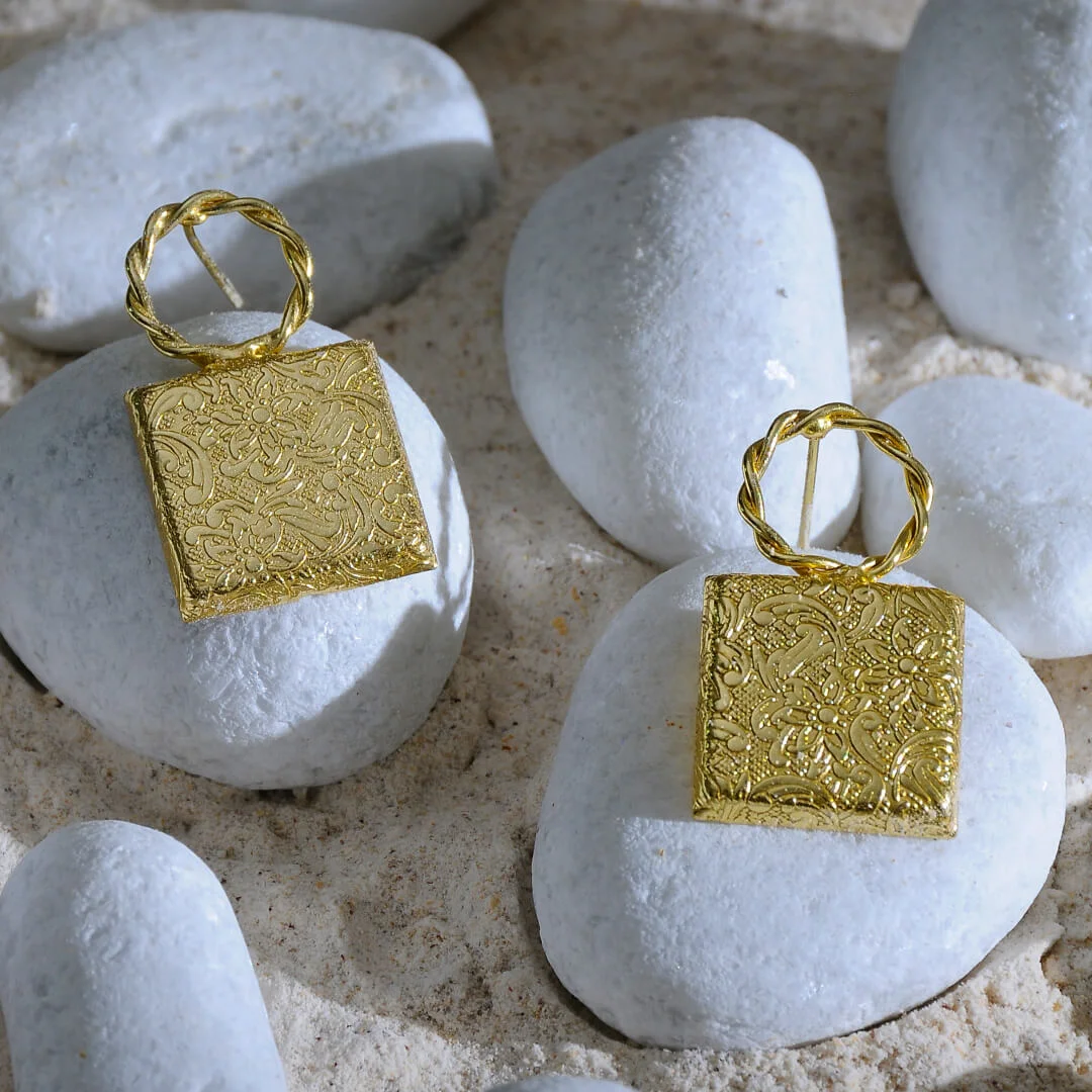Meira – Textured Square Gold-Plated Brass Earrings