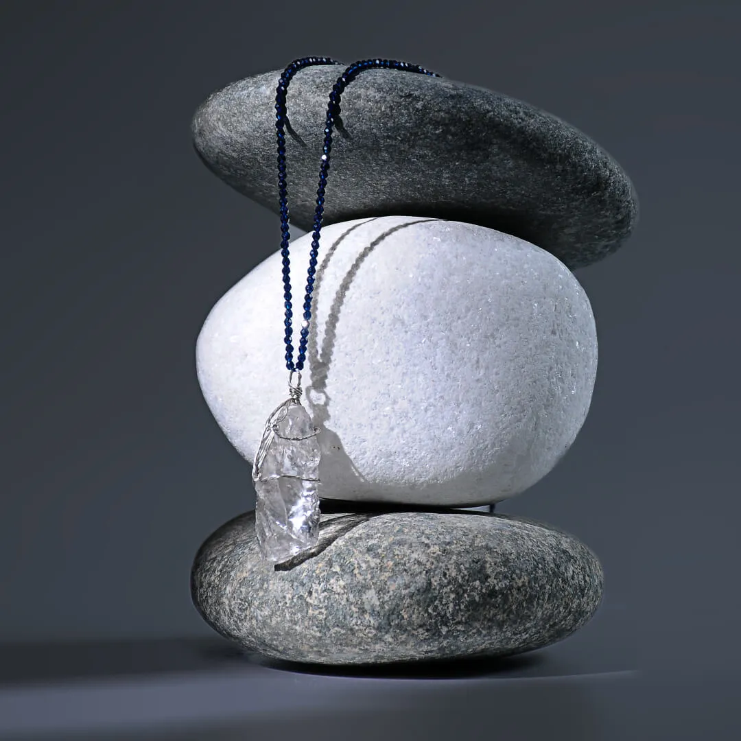 Elarin – Natural Clear Quartz with Midnight Blue Beads Pendant Necklace