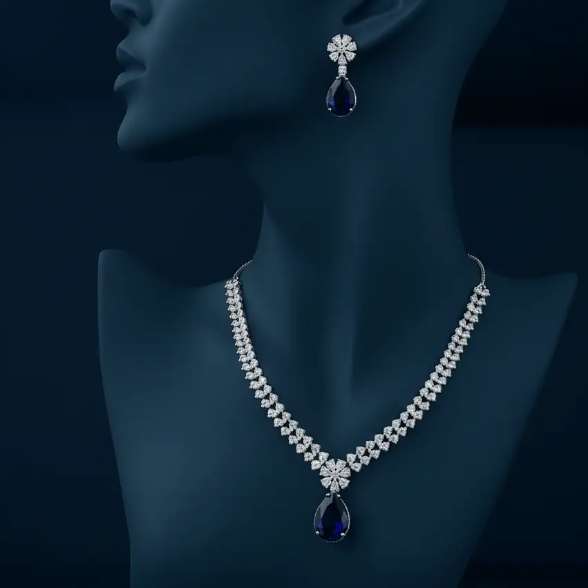 Selena – American Diamond Necklace Set with Midnight Blue Teardrop Stones