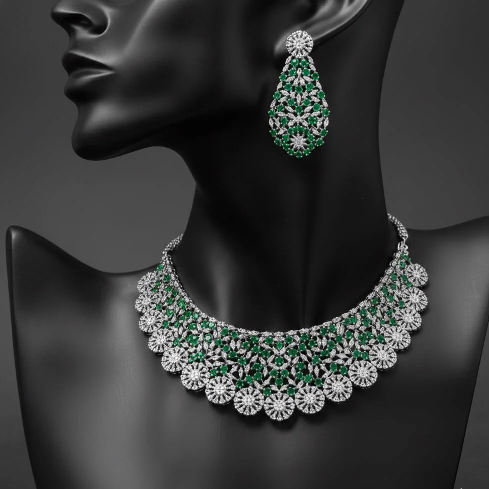 Karishma – Emerald Green and Diamond-Cut Floral Choker Set