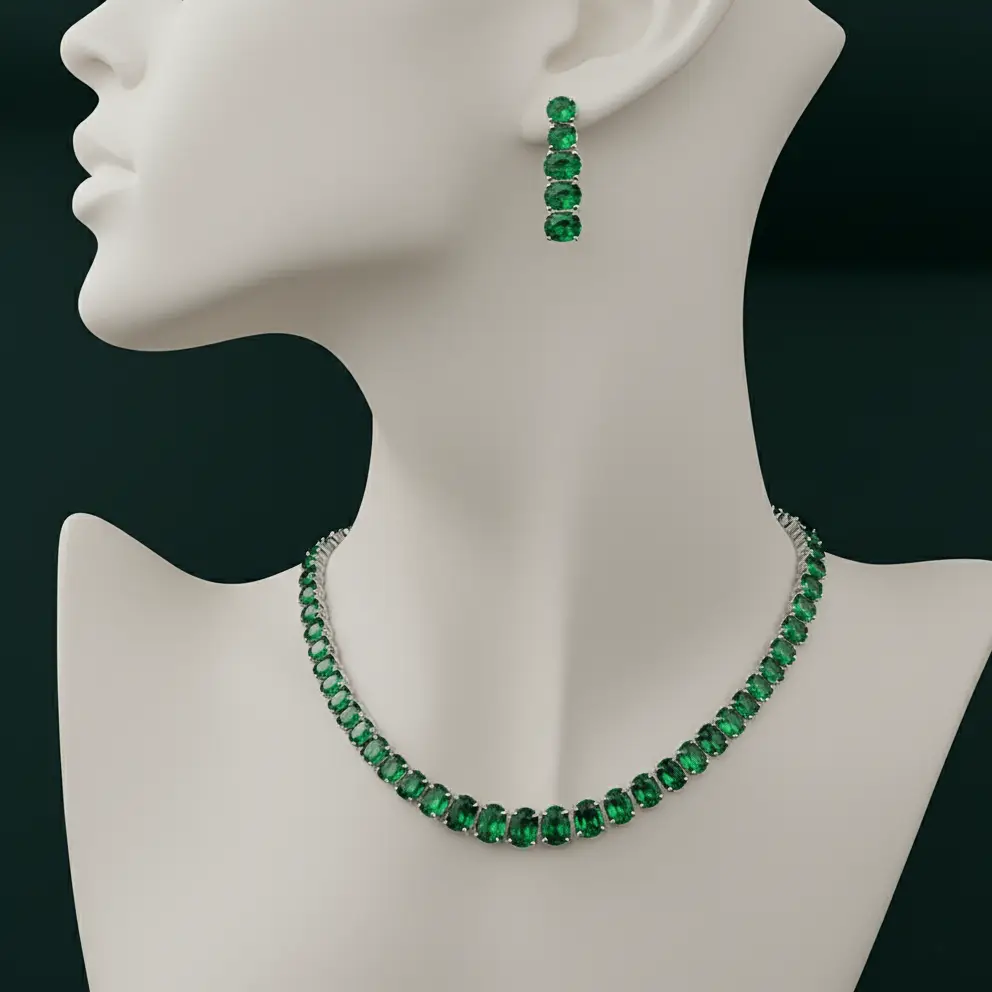 Aurelia – Emerald Green Stone Necklace Set with Silver Finish