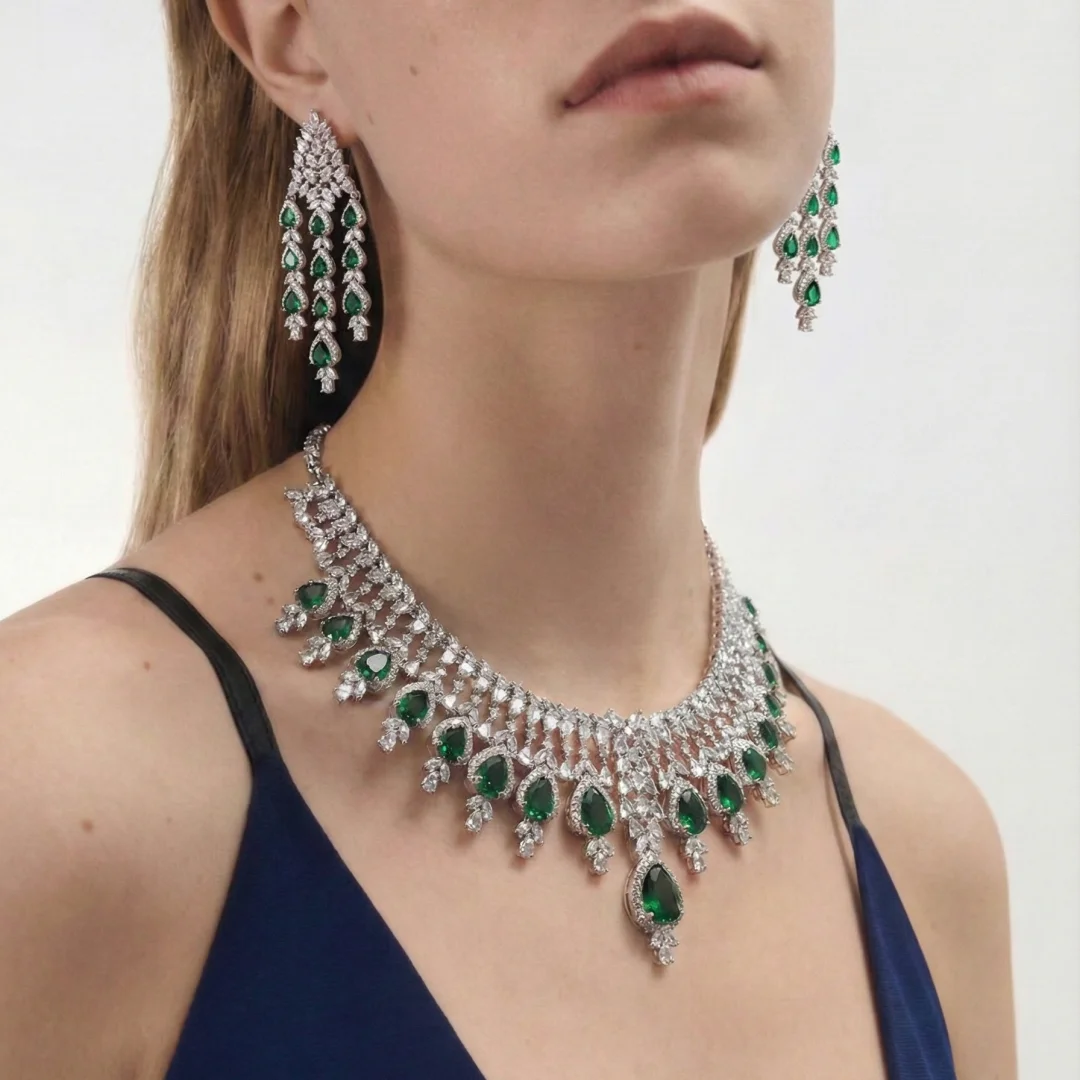 Aamira – Emerald Green and White American Diamond Bridal Necklace Set