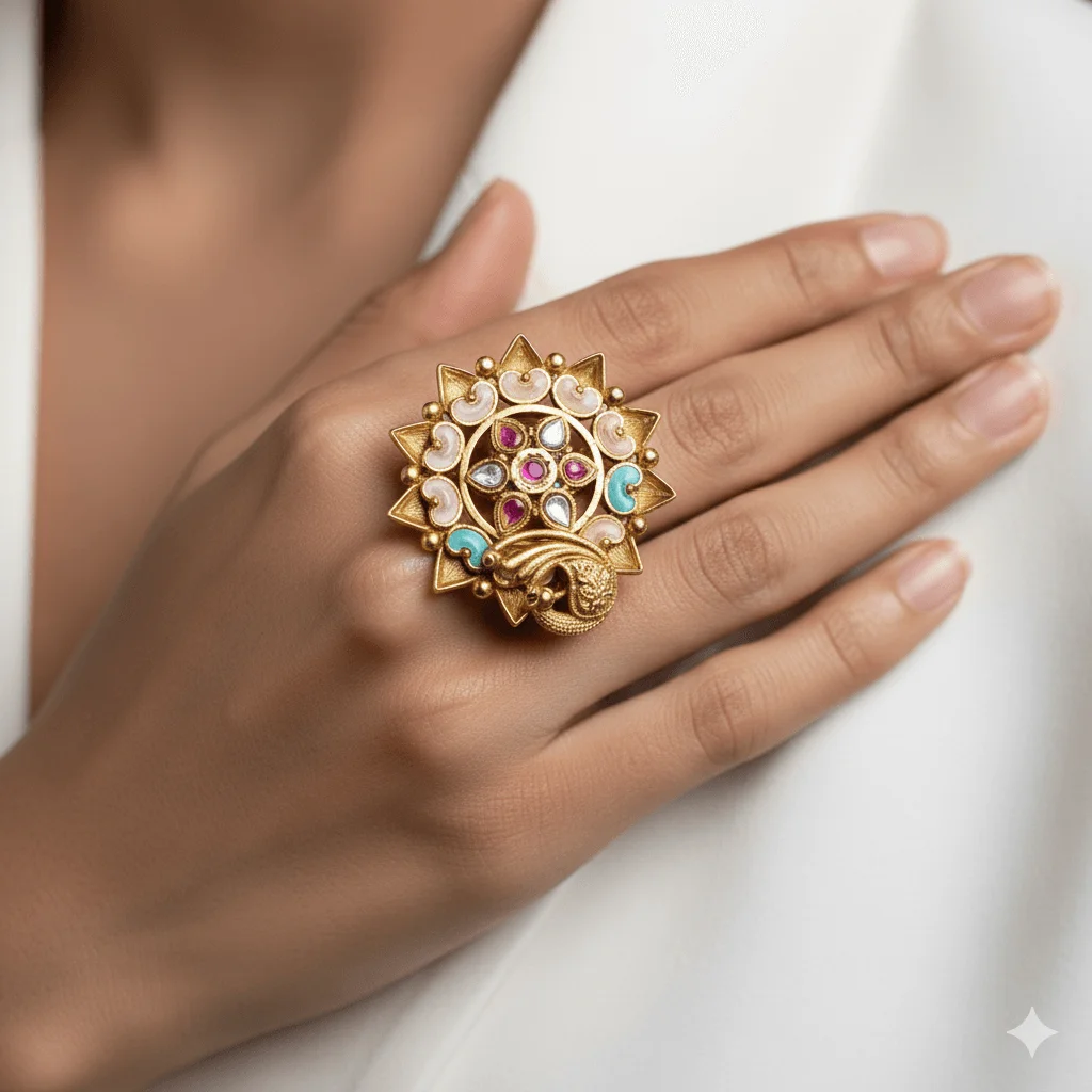 Surmayi – Peacock Enamel Kundan Statement Ring Surmayi – Peacock Enamel Kundan Statement Ring