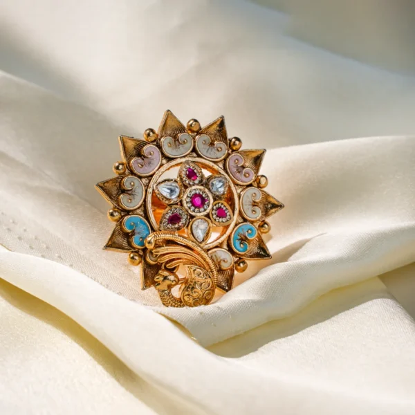 Surmayi – Peacock Enamel Kundan Statement Ring
