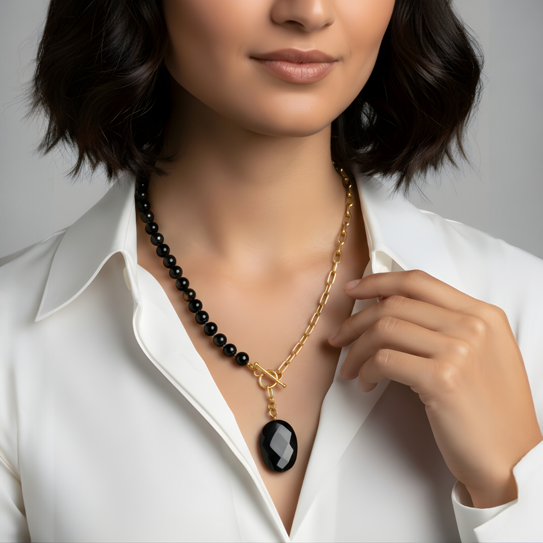 Noiréa – Black Onyx & Pearl Asymmetrical Statement Necklace