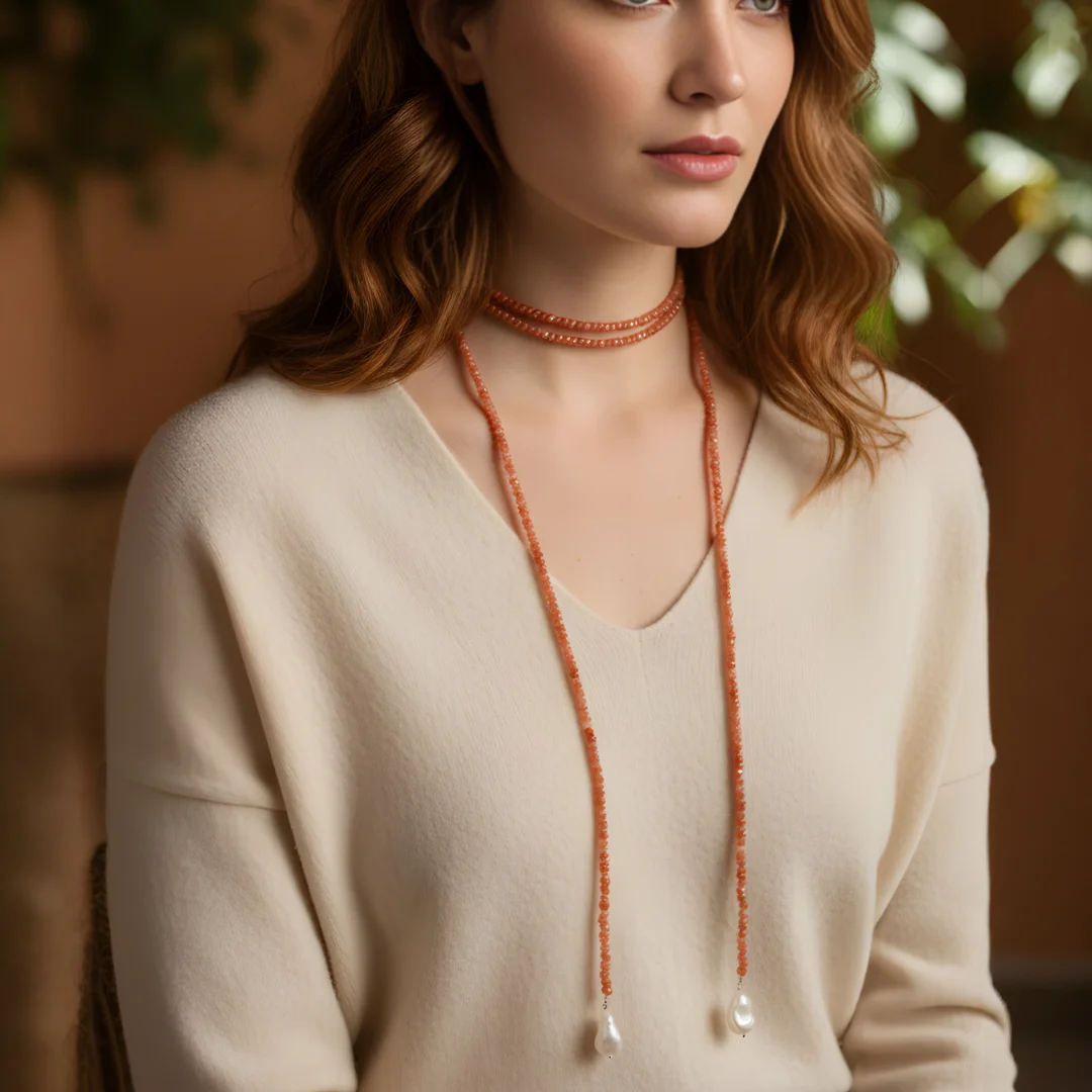 Soléa – Sunstone Endless Necklace with Natural Pearl Drops