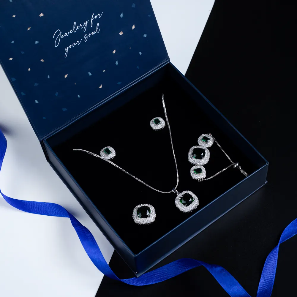 Maharani – Emerald Halo Necklace, Earring, Bracelet & Ring Gift Set for Her | Luxury 4-Piece Gift Box