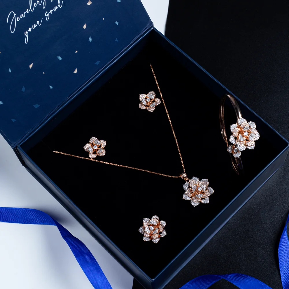 Pankhuri – Rose Gold Lotus Necklace, Earring, Ring & Bangle Gift Set for Her | Floral 4-Piece Gift Box