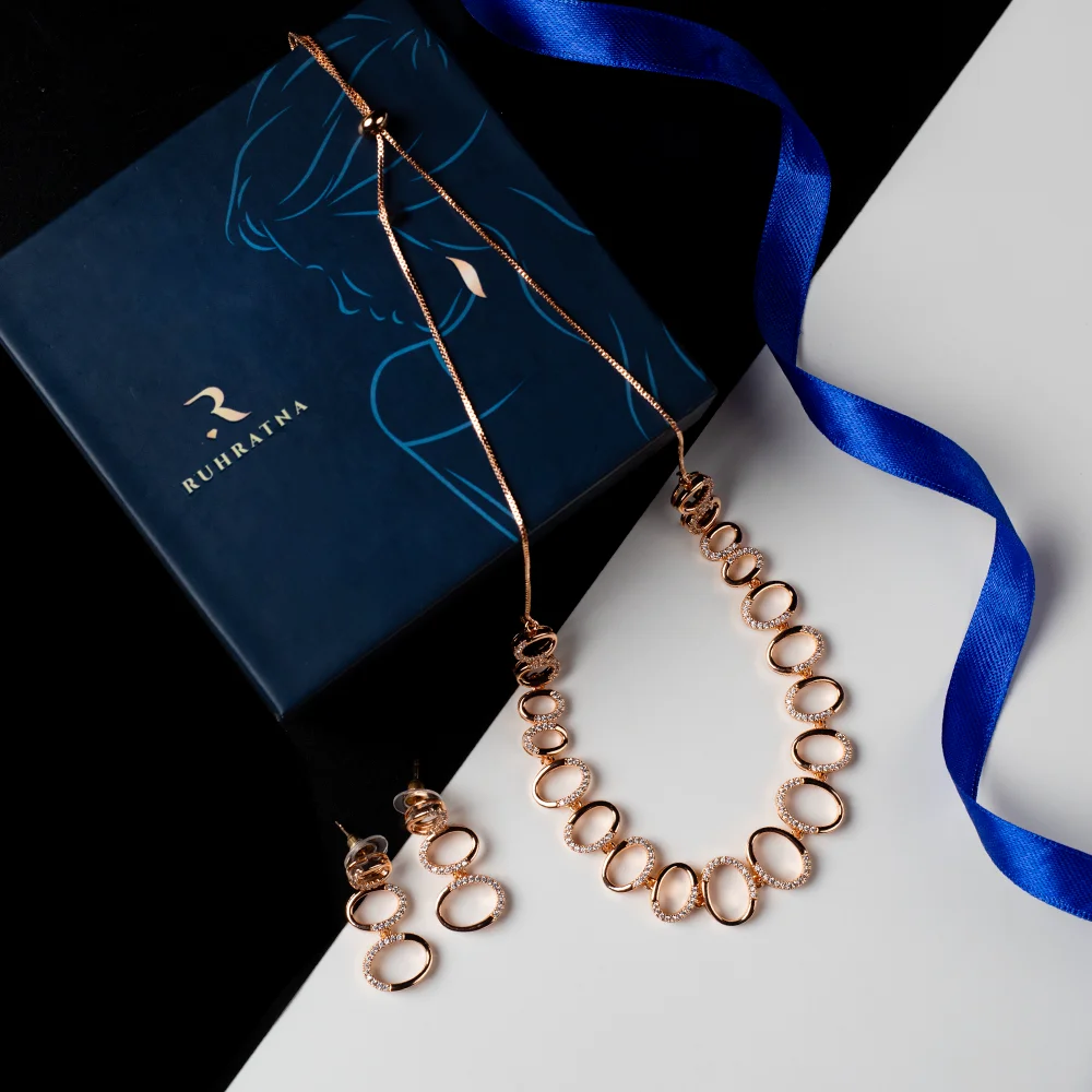Chamak – Rose Gold Necklace & Earring Gift Set for Her | Sparkle Gift Box.