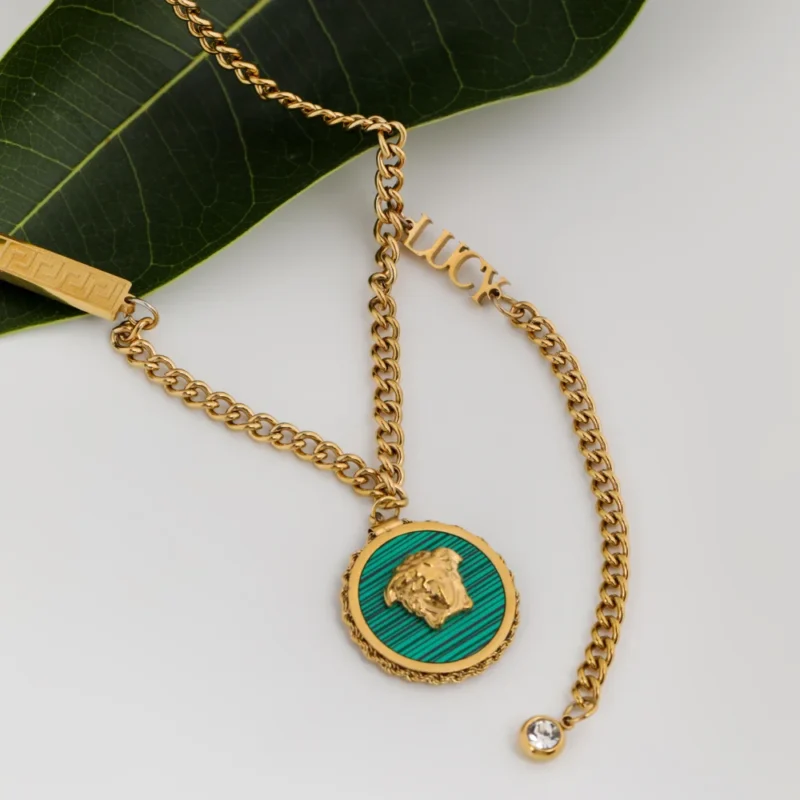 Fortuna Medallion pendant necklace for women with lion medallion and emerald green design