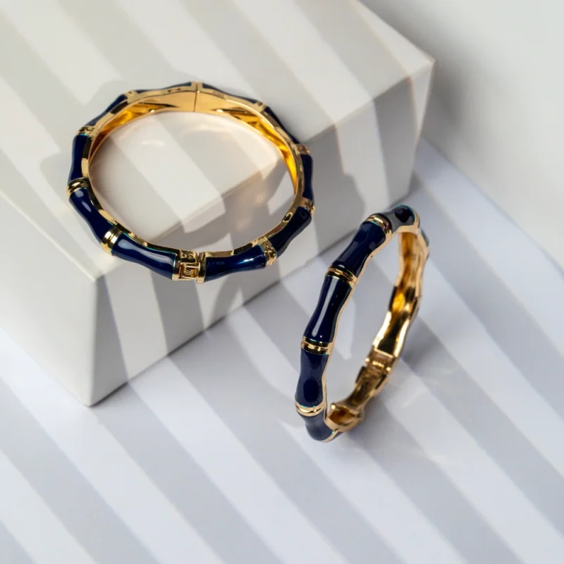 Noctis Midnight Enamel Bangle Set for Women with Deep Blue Enamel and Gold Accents