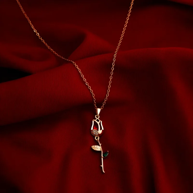 Rosabelle Bloom Pendant Necklace with Red Rose and Green Enamel Leaves