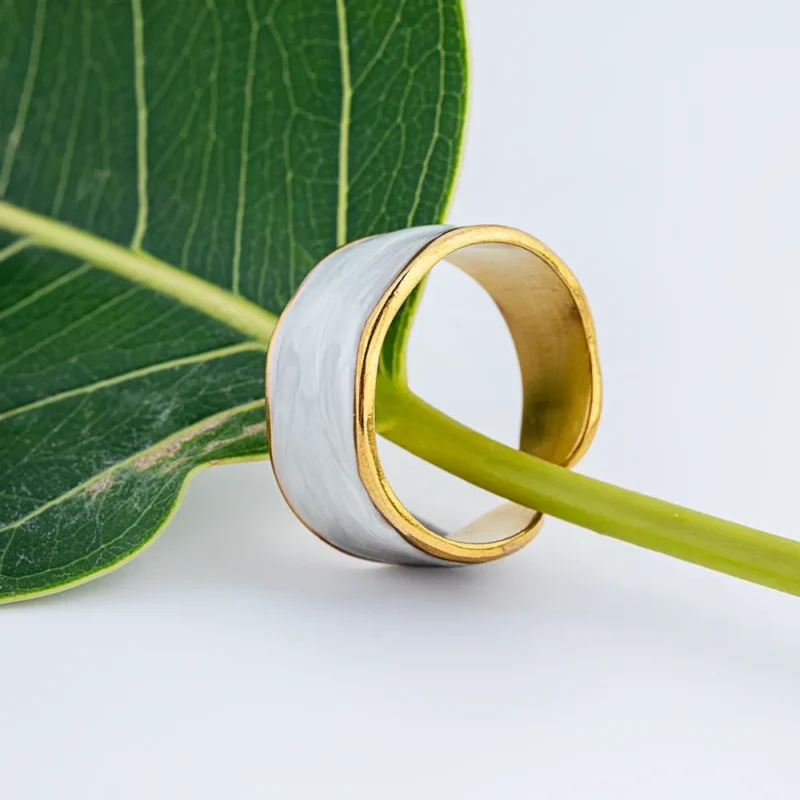 Elaris Enamel Cuff Ring – trendy rings for women with white marbled enamel and gold finish