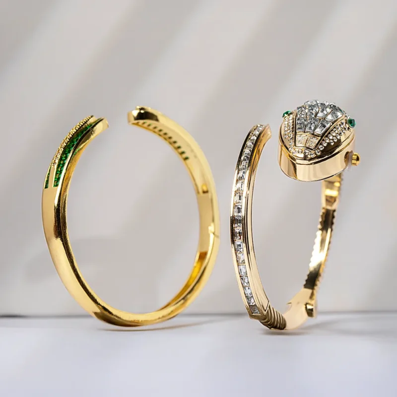 Ophidia emerald secret watch bangle set for women with green crystal detailing