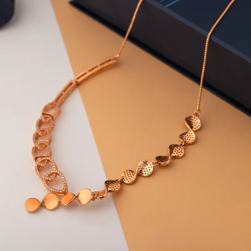 Avyanna luxury gift set for her geometric CZ rose gold statement necklace and drop earring set by RuhRatna India