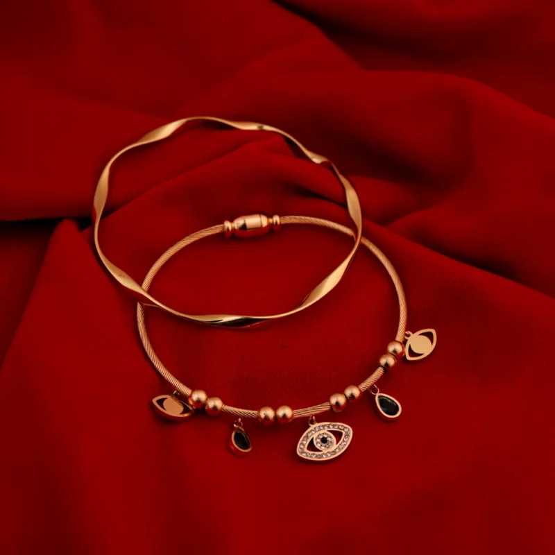Celestia bangle set for women with gold twisted and evil eye bangles
