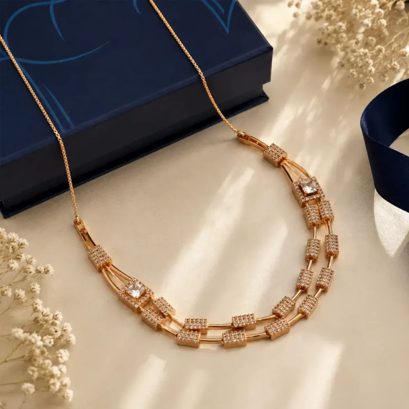 Aarini rose gold necklace and earring Gift set for her geometric CZ design by RuhRatna India