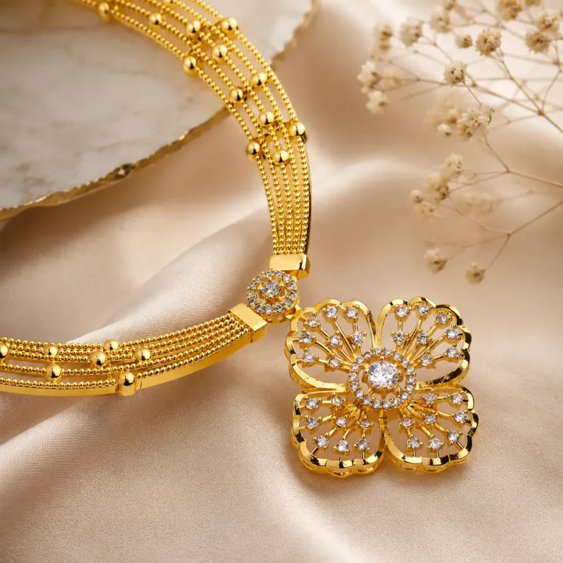 Florevia floral necklace gift set for her CZ gold pendant and earring set by RuhRatna India