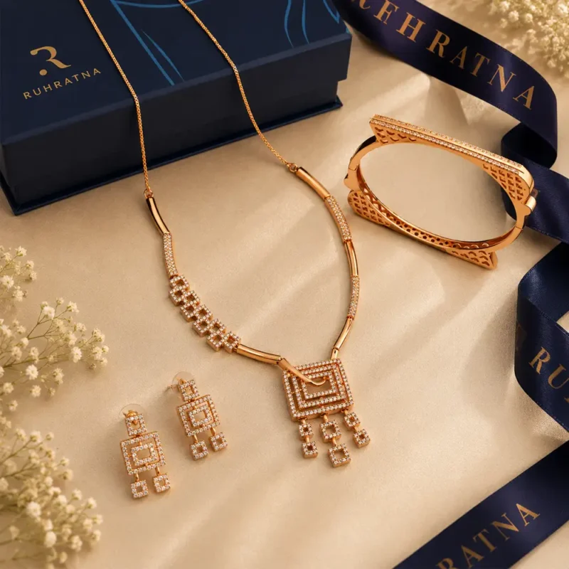 Aarunya rose gold necklace bracelet gift set for her geometric CZ design by RuhRatna India