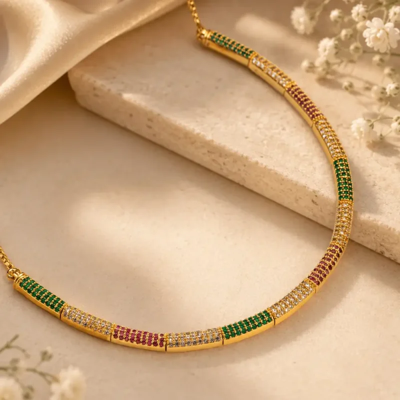 Mrinalika necklace earring bangle gift set for her CZ ruby green gold by RuhRatna India