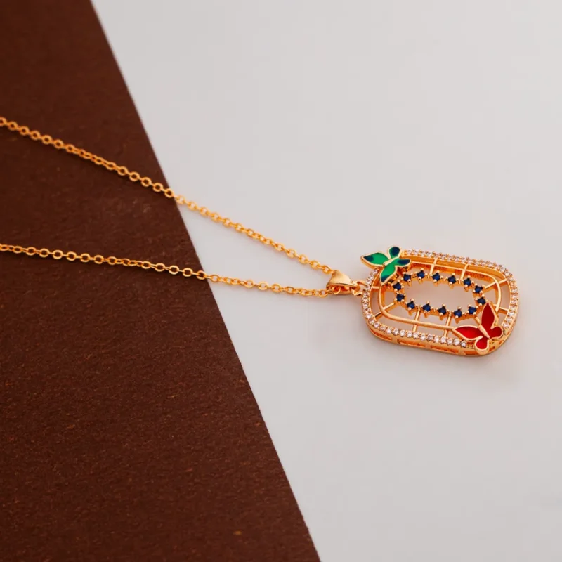 Titliya butterfly pendant necklace set for women CZ enamel sapphire rose gold gift set by RuhRatna India