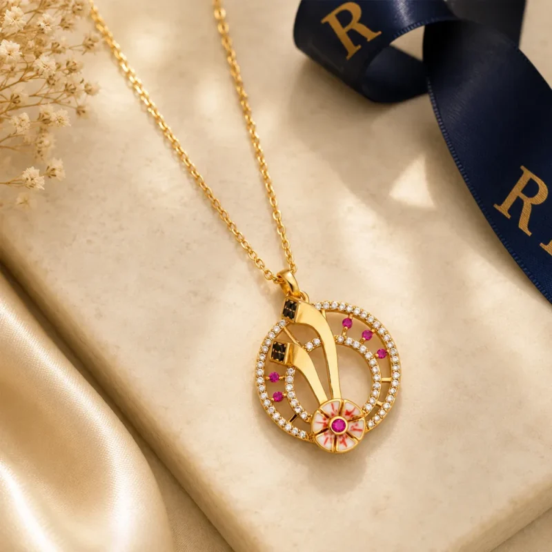 Roshika floral pendant necklace set for women CZ black enamel pink stone rose gold gift set by RuhRatna India