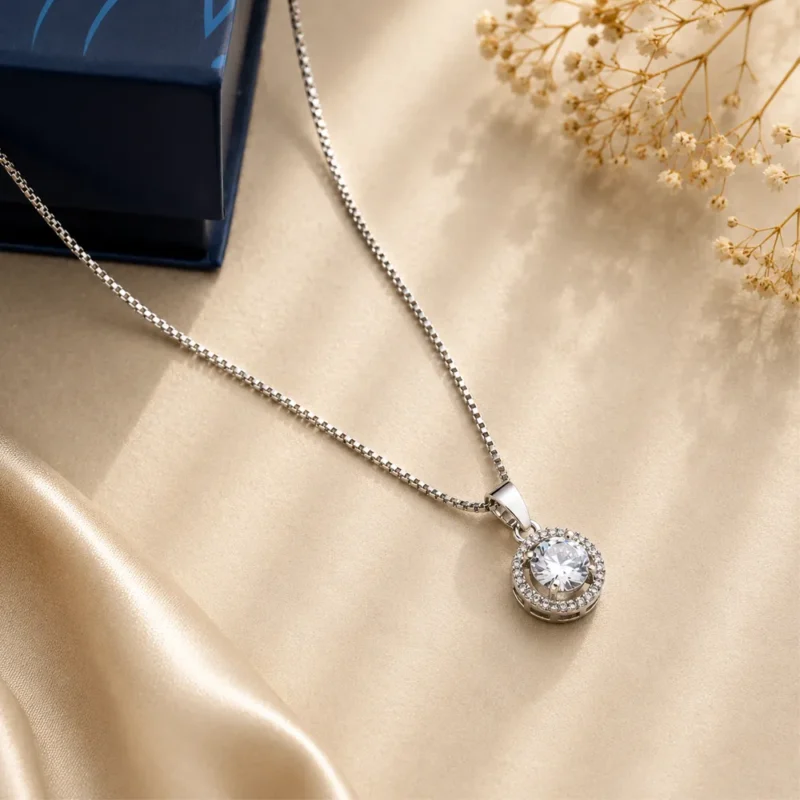 Astera pendant luxury gift set for her CZ halo pendant necklace bracelet earrings ring rhodium finish by RuhRatna India